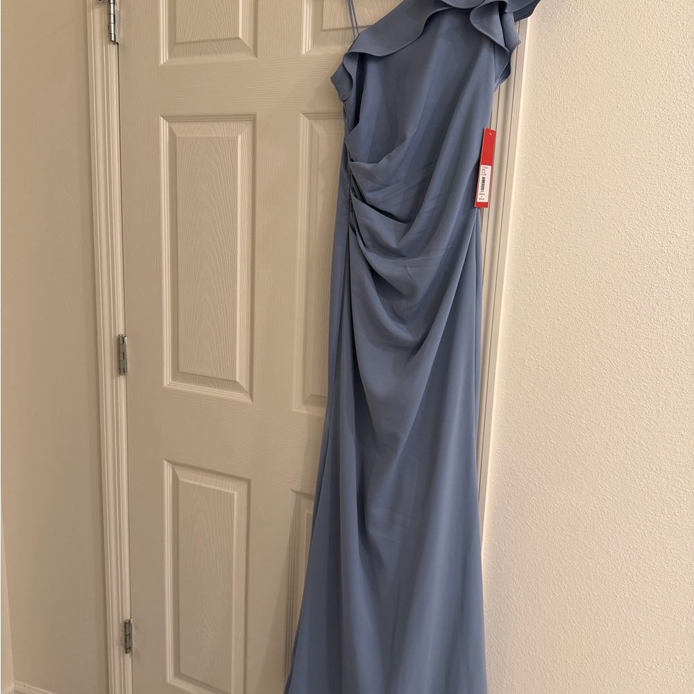 Carmen Marc Valvo Dusty Blue One-Shoulder Gown